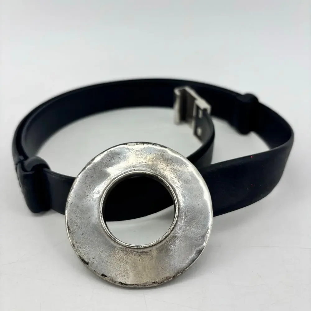 Chicos Womens Small Medium Black Leather Belt Circle Hook Buckle